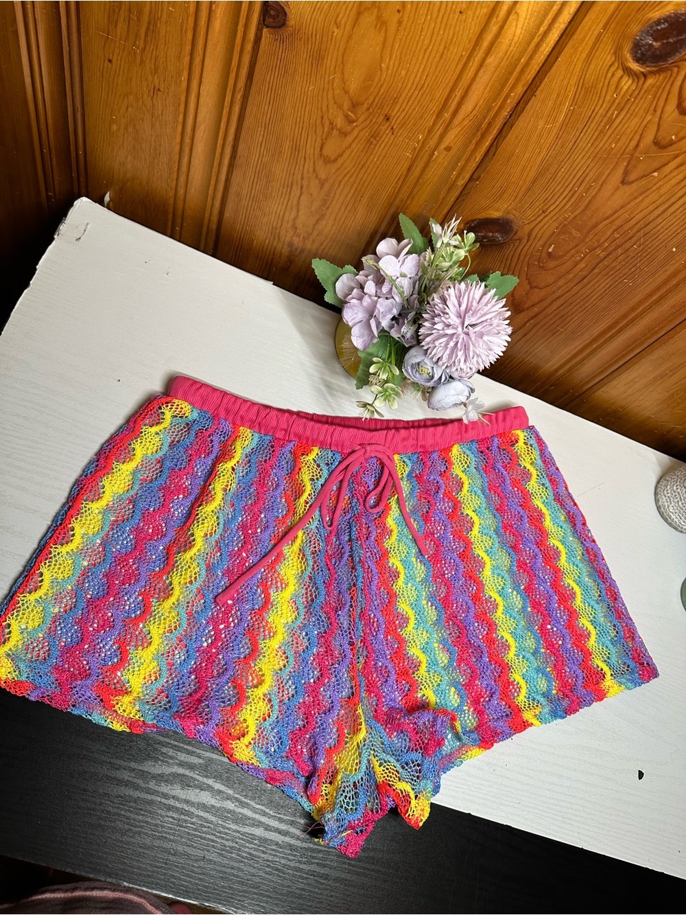 No Boundaries Multicolor Crochet Lounge Shorts with Pink Waistband